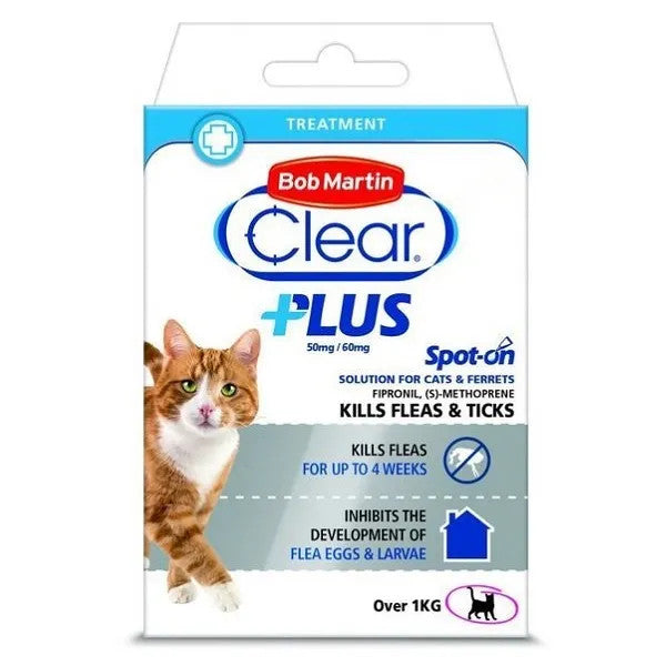 Bob Martin Clear Plus Spot On Flea & Tick - 3 Pipettes - Cat Care Treatment